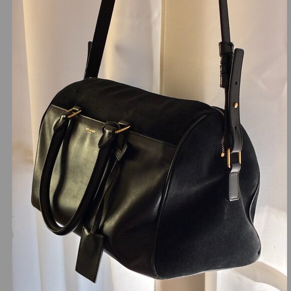 Saint Laurent Duffle 6 – Black Suede w/Leather Front Pocket & Trim - Picture 8 of 16